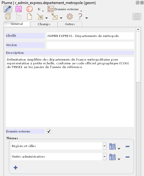 Capture d'écran montrant la barre d'outils de l'interface principale de Plume, ainsi que les premiers champs d'une fiche de métadonnées éditable.